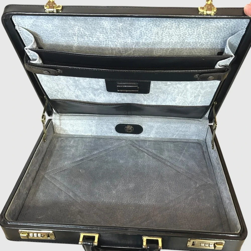 Vintage Dark Academia Leather Briefcase Attache Case Top Grain Leather Black